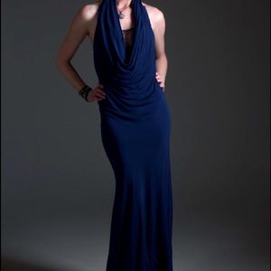 Navy Jersey Poleci Cowl Neck Draped Evening Gown